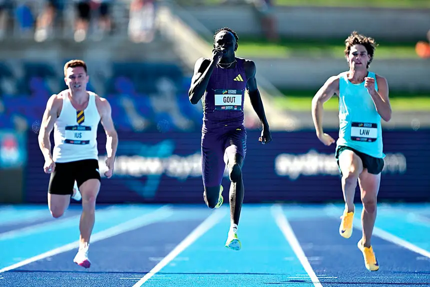 Gout Gout on his way to winning the men’s 200m final on Day 4 of at the Australian Athletics Championships in Sydney on Sunday. PHOTO: AAP Image/Dean Lewins