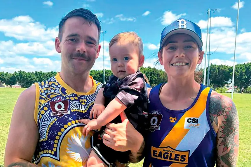 FOOTY FAMILY: Matt and Demi Maloney with baby River.