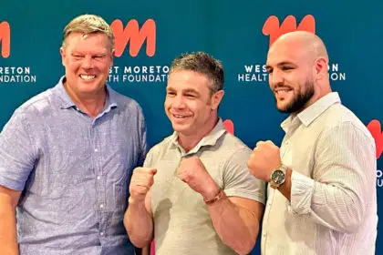 FIGHTING BACK: WMHF CEO Scott Young, Michael Katsidis and Jackson Weir-White. PHOTO: David Martin Ipswich Facebook