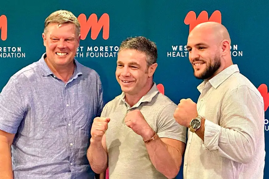 FIGHTING BACK: WMHF CEO Scott Young, Michael Katsidis and Jackson Weir-White. PHOTO: David Martin Ipswich Facebook