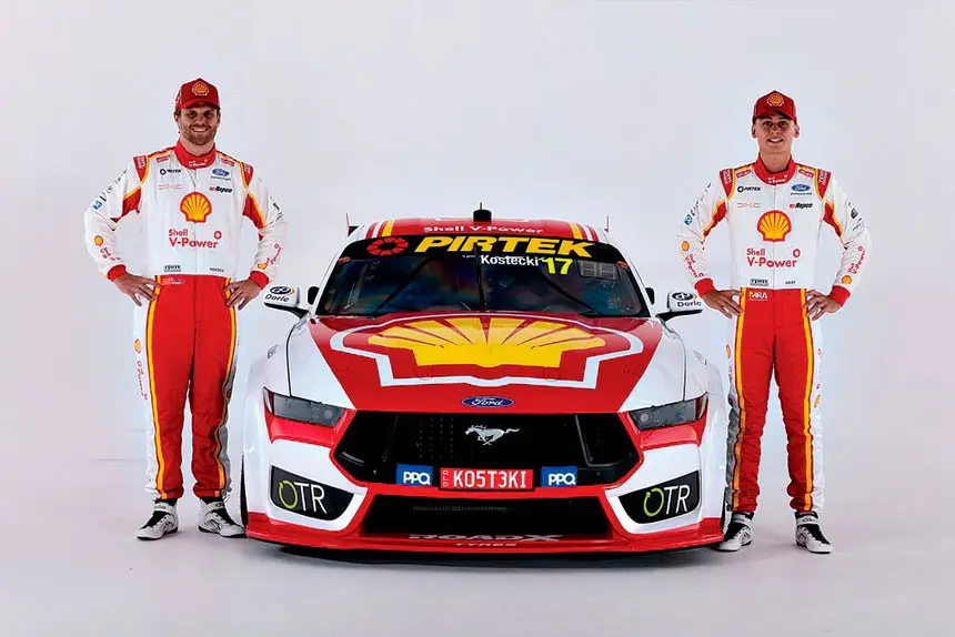 SUPER DUO: Supercars drivers Brodie Kostecki (left) and Rylan Gray brought with the Shell V-Power Mustang.
