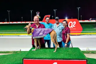 She’s All Fire after winning the Group 3 Rising Stars Final. PHOTO: Queensland Racing Greyhound Club