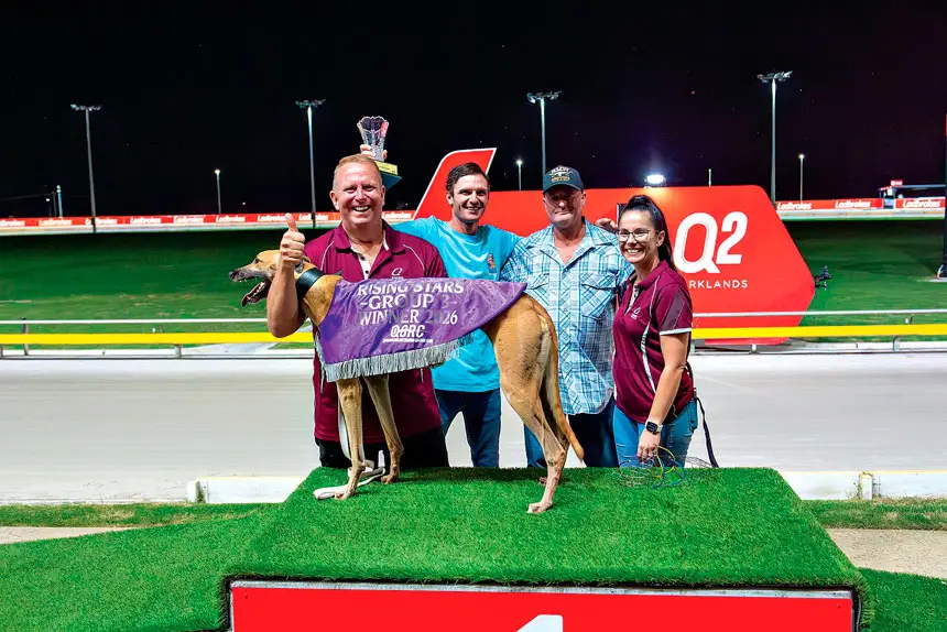 She’s All Fire after winning the Group 3 Rising Stars Final. PHOTO: Queensland Racing Greyhound Club