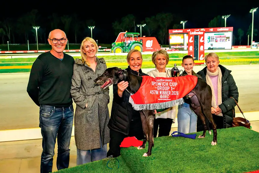 WINNERS ARE GRINNERS: Gold Force and his connections celebrate his demolition performance.