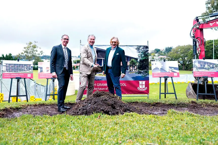 DIGGING IT: From left, Ipswich Grammar School Headmaster Adam Forsyth, Minister for Education and the Arts John-Paul Langbroek, and Chair of the Ipswich Grammar School Board of Trustees David Edwards.