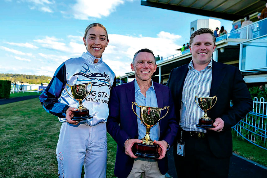 TOP TEAM: Winning jockey Emily Lang with trainers Chris and Corey Munce.