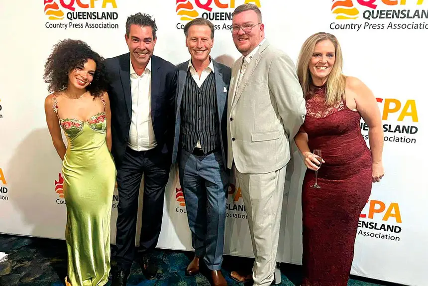THE WINNING TEAM: Ashleigh Whatson, Andrew Jefferson, Paul Stuart, Rowan Anderson and Kim Draper. RIGHT: It was a big night of awards.