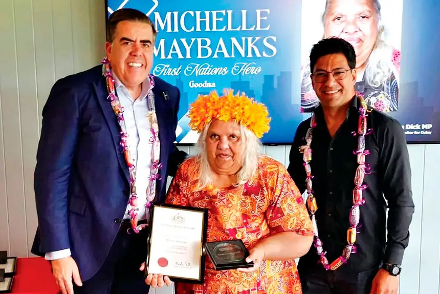 LOCAL TREASURE: Aunty Michelle Maybanks with Milton Dick MP and Lance McCallum MP.