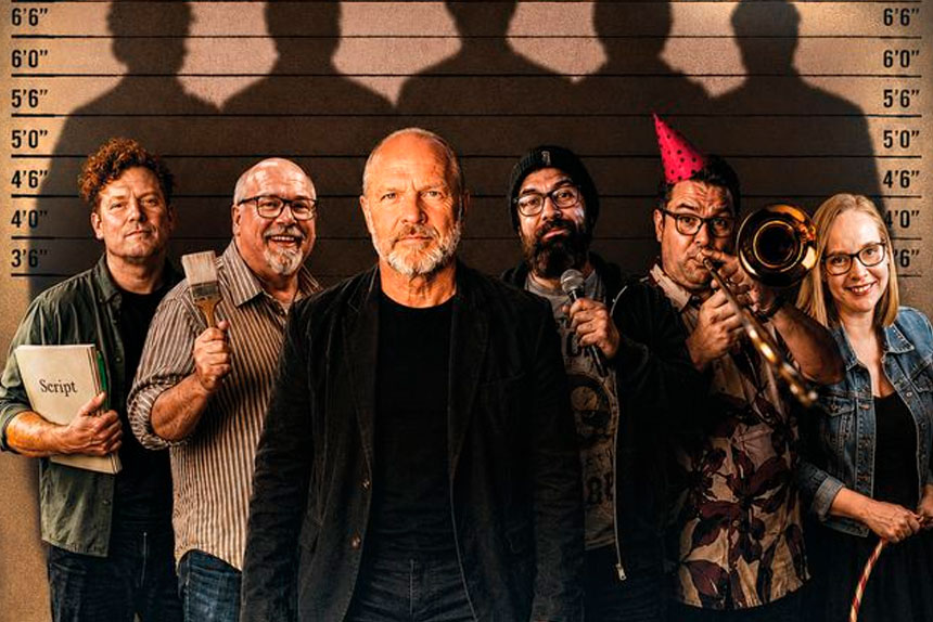 From left, THAT Production Company’s Tim Wynn, Ipswich arts advocate and ArtsConnect President Glen Smith, SUP Production and director extraordinaire Adrian Carr, genre-bending musician Damien Johnson, music and instrumental leader Matt Chambers and Circus Ipswich’s Meg Hooper. IMAGE DIGITALLY ENHANCED