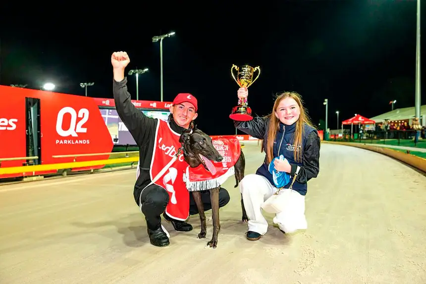RED HOT: Brisbane Cup winner Consigliere with Luke Thompson and winning connections.
