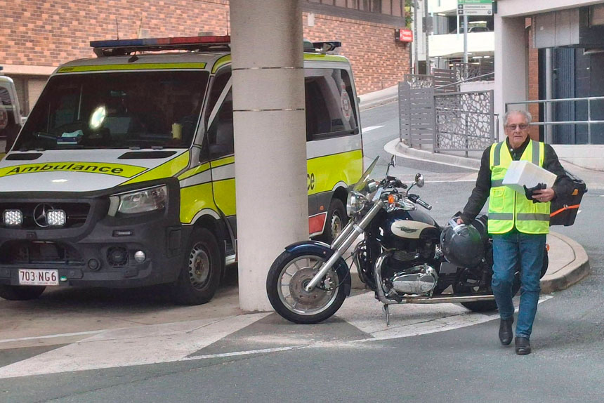 BLOODY GOOD: Pictured above, a Blood Bikes Australia team member makes another delivery run.