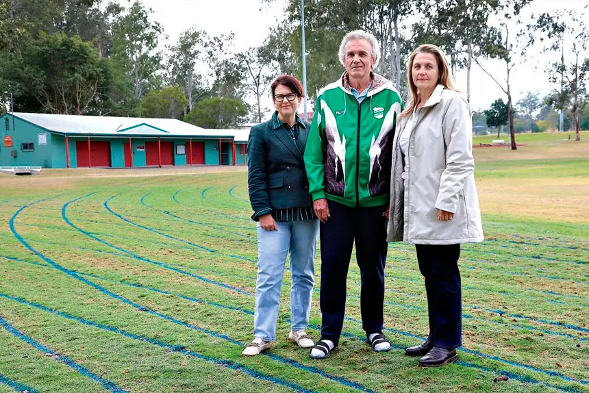 TIMELY QUESTIONS: Cr Marnie Doyle, Ipswich and Districts Athletics President Vic Pascoe, and Ipswich Mayor Teresa Harding.