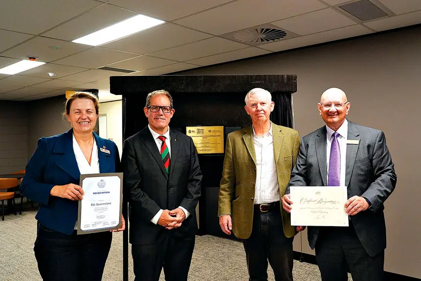 OFFICIAL OPENING: Ipswich Mayor Teresa Harding, Special Envoy for Veterans’ Affairs Luke Gosling, RSL Queensland President Major General Stephen Day, and Shayne Neumann MP.