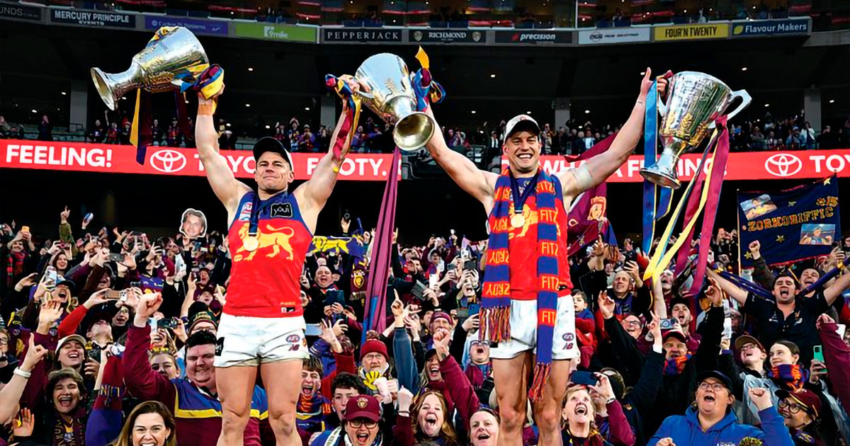 Brisbane Lions Dayne Zorko and Josh Dunkley celebrate following the 2026 AFL Grand Final win over the Fremantle Dockers at the Melbourne Cricket Ground. (AAP Image/Joel Carrett)