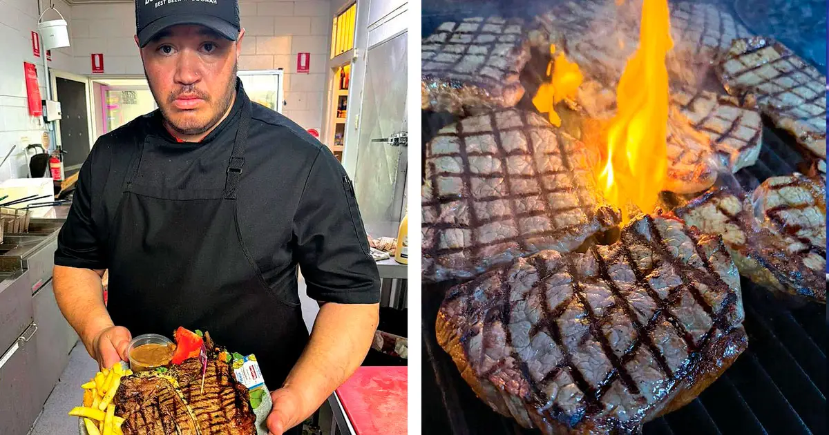 (Left) Sunday brings out the heavyweight $28 T-bone. (Right) Firing up the grill for another juicy steak.